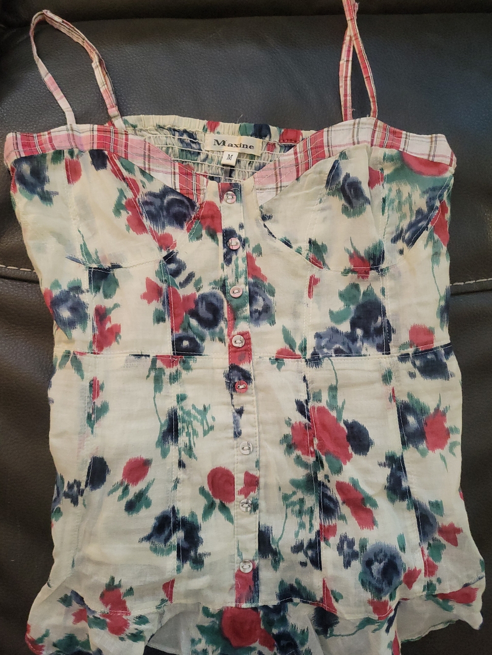 Maxine Floral Button-Front Spaghetti Strap Top - Cream, Navy & Red